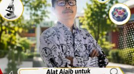Seorang guru sedang membayangkan pembelajaran dengan memakai mikroskop 