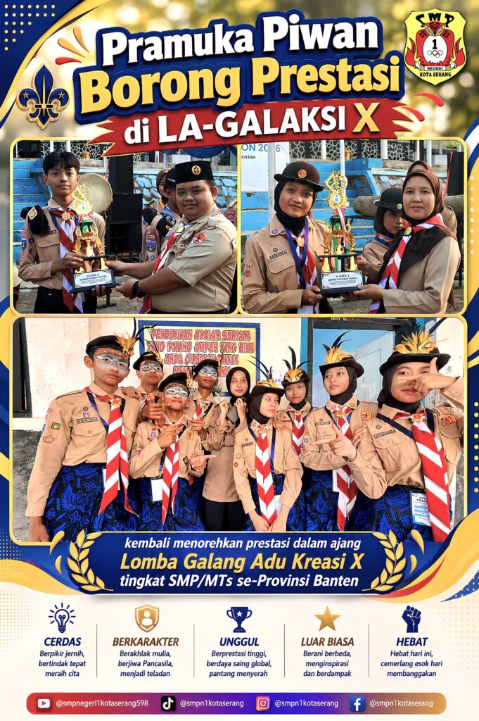 Kolase tiga foto prestasi Pramuka SMP Negeri 1 Kota Serang pada Lomba Galang Adu Kreasi (LA-GALAKSI) X Tahun 2026 di Cilegon. Foto menampilkan penyerahan piala Juara 2 Cerdas Cermat Putra, penyerahan piala Juara 3 Cerdas Cermat Putri, serta tim Dance Semaphore yang berhasil meraih Juara 3 tingkat SMP/MTs se-Provinsi Banten.