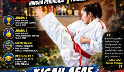 Poster penghargaan karate menampilkan atlet putri SMP Negeri 1 Kota Serang, Izdihar Afaf Aurumi Widagdo, sedang melakukan tendangan tinggi dengan seragam karate putih dan sabuk merah. Latar belakang penuh efek cahaya dinamis, disertai logo sekolah di pojok kanan atas serta teks pencapaian juara karate tingkat kota dan provinsi.