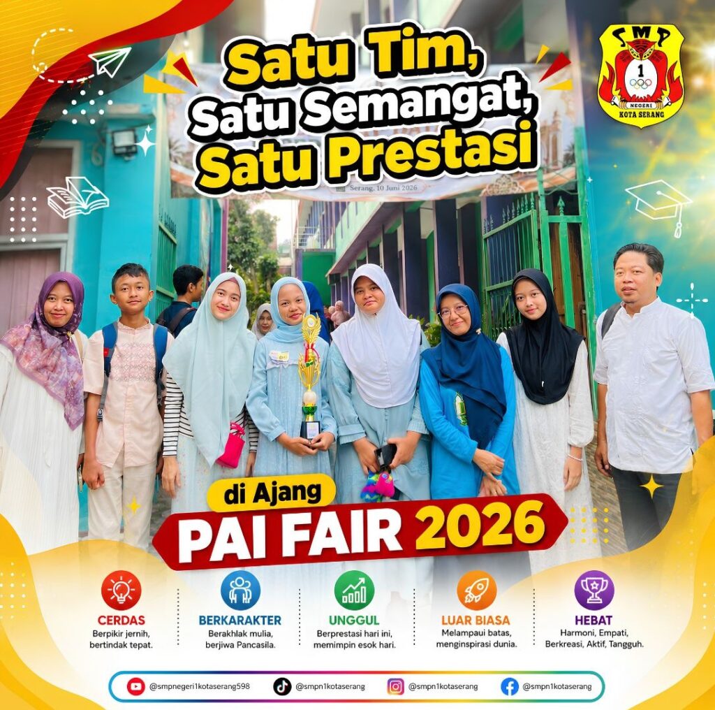 Kontingen SMP Negeri 1 Kota Serang bersama Pak Hidayat dan Ibu Devi pada ajang PAI Fair 2026 Tingkat Kota Serang.
