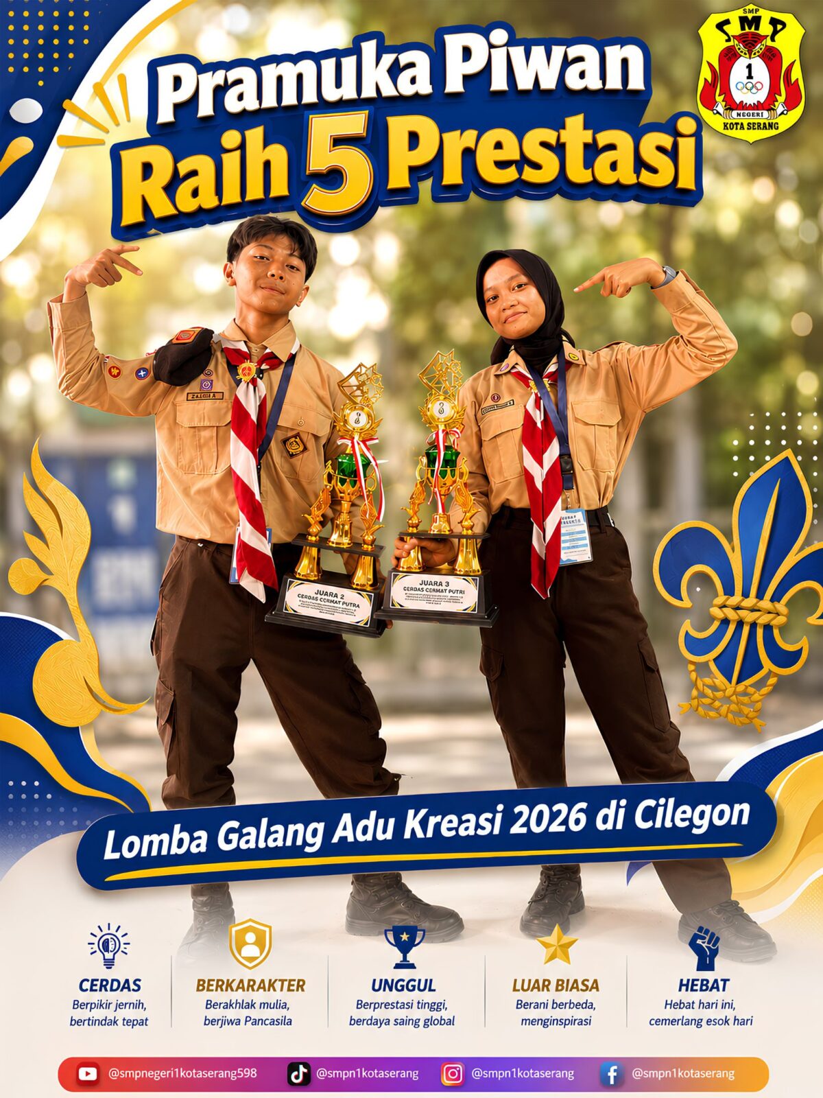 Zaldian Azka Rahmatullah (8D) dan Ghefira Tsaury Alfhatunnisa (8B) berpose bersama trofi hasil perjuangan mereka pada ajang LA-GALAKSI X Tahun 2026.