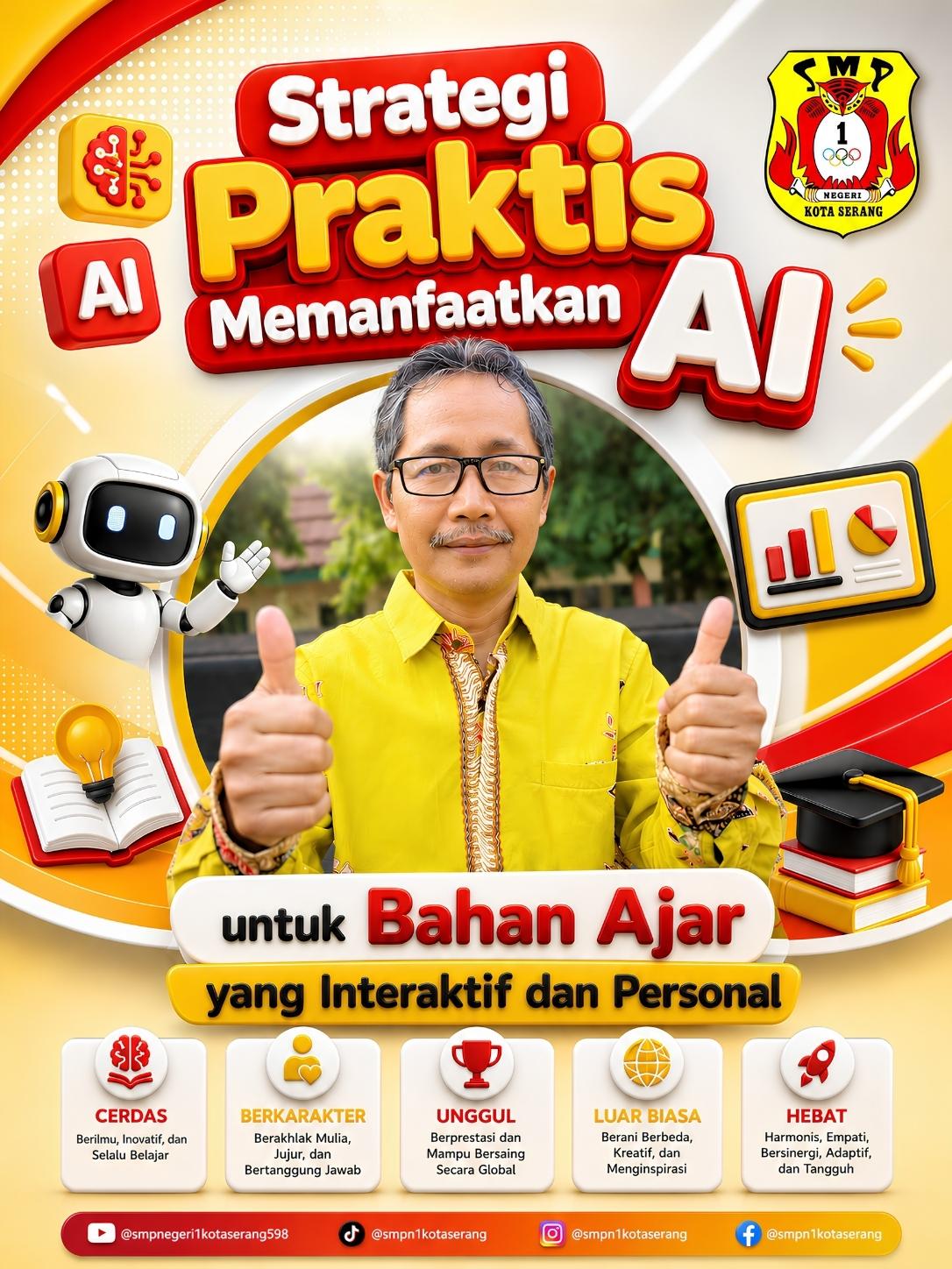 Banner resmi SMP Negeri 1 Kota Serang yang menampilkan semangat inovasi pendidikan berbasis Artificial Intelligence (AI). Menggambarkan guru kreatif dengan latar hijau alami dan elemen visual edukatif yang mencerminkan pembelajaran interaktif dan personal di era digital.