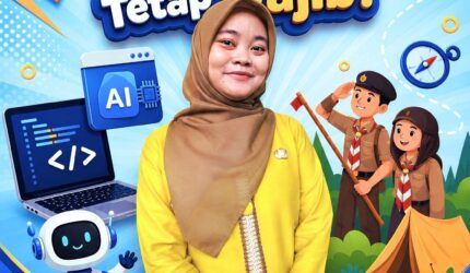 Poster edukasi SMP Negeri 1 Kota Serang tentang Permendikdasmen 2025 dengan tema Koding, AI, dan Pramuka wajib.