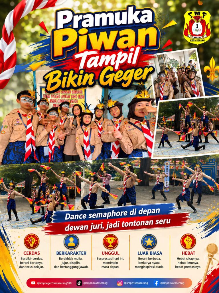 Tim Pramuka Burhamtari SMP Negeri 1 Kota Serang tampil di depan dewan juri di lapangan upacara, menunjukkan gerakan Dance Semaphore penuh semangat hingga meraih Juara 3 pada ajang LA-GALAKSI X tingkat SMP/MTs se-Provinsi Banten.