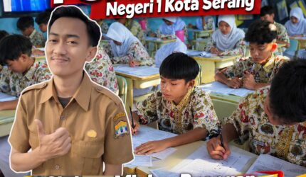 Poster PSAT SMP Negeri 1 Kota Serang dengan siswa di kelas, guru memberi semangat, dan slogan motivasi sekolah.