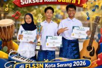 Tim Ansambel SMP Negeri 1 Kota Serang berhasil meraih Juara 1 FLS3N Tingkat Kota Serang Tahun 2026. Tim yang beranggotakan Gadiza Raisa Yusuf (8F), Haikal Ramadhan (8A), dan Evander Nathanael S. (7C) tampil memukau dengan membawakan lagu Laut Kidul melalui kolaborasi gitar, pianika, dan jimbe.
