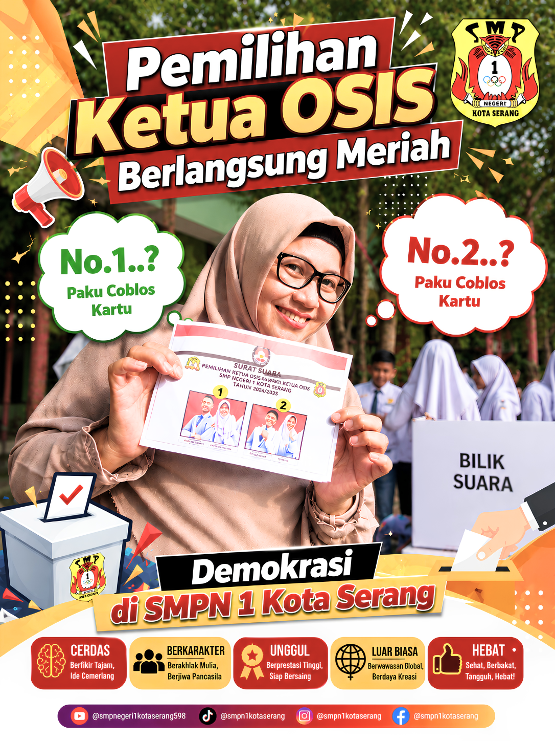 Demokrasi di sekolah terasa nyata! Pemilihan Ketua OSIS SMPN 1 Kota Serang berlangsung meriah dengan partisipasi aktif siswa. #OSIS #DemokrasiSekolah #SMPN1KotaSerang”