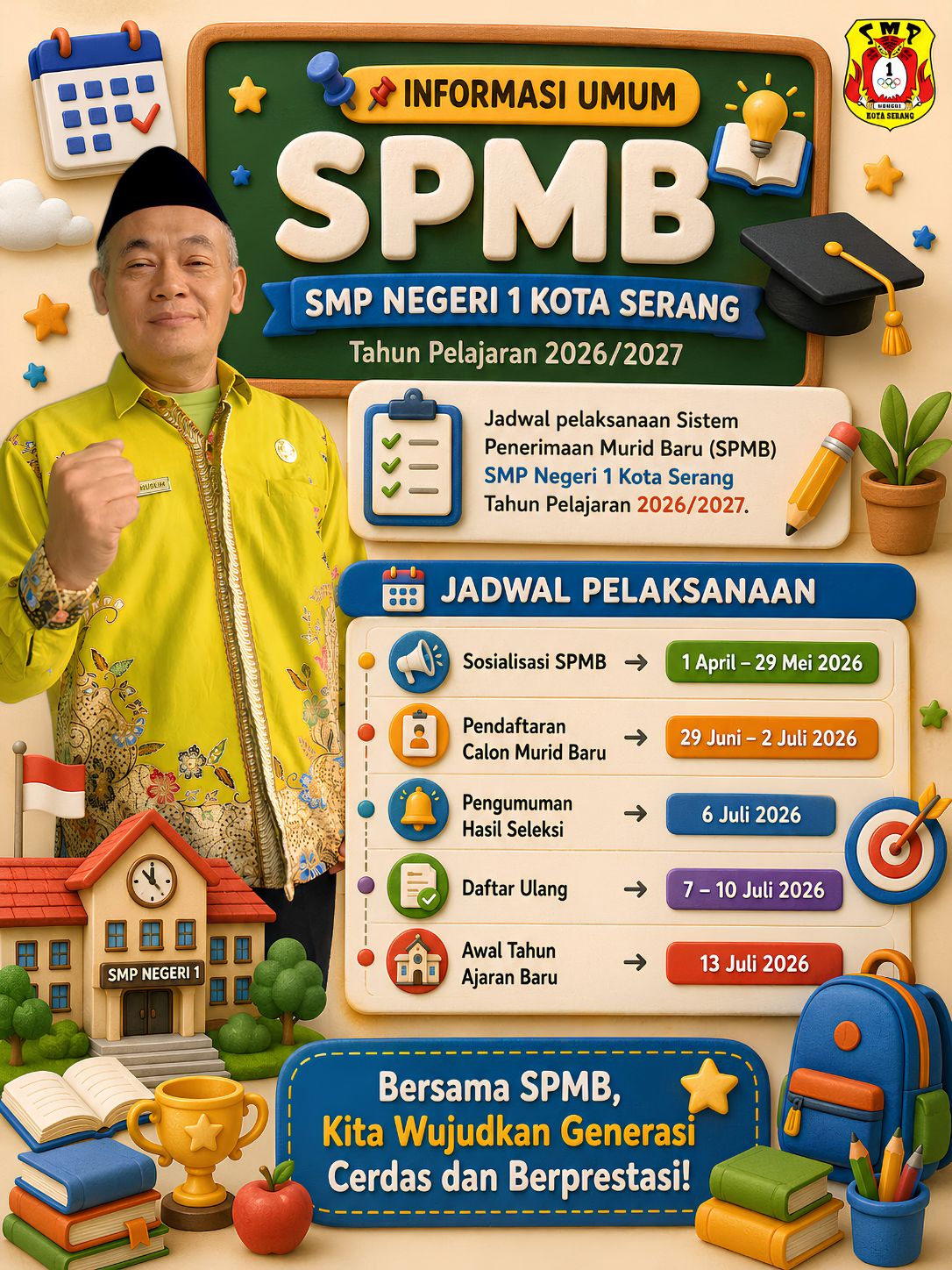 Jadwal resmi pelaksanaan Sistem Penerimaan Murid Baru (SPMB) SMP Negeri 1 Kota Serang tahun pelajaran 2026/2027.