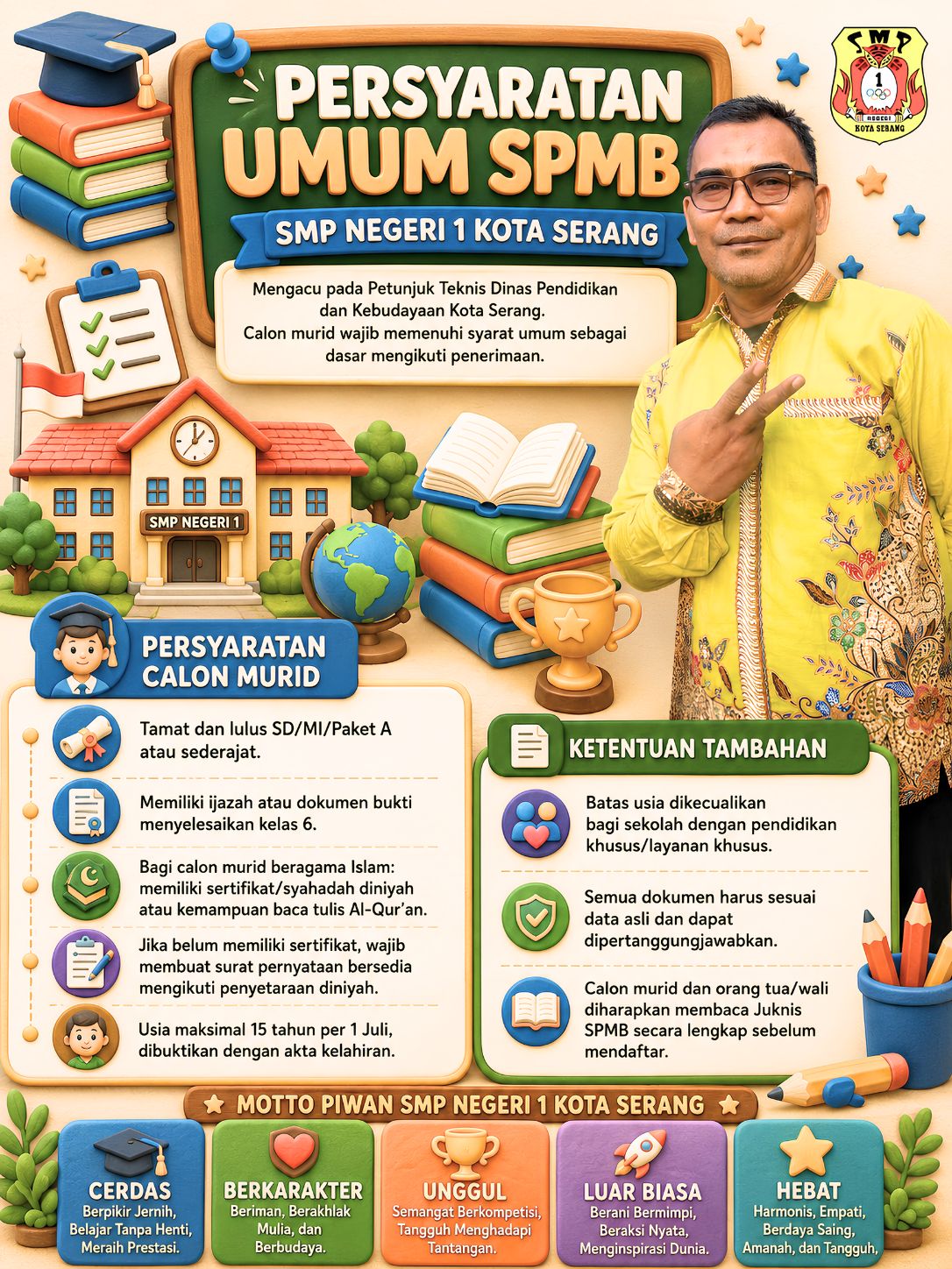 Informasi resmi persyaratan umum penerimaan siswa baru SMP Negeri 1 Kota Serang tahun pelajaran 2026/2027 sesuai ketentuan Dinas Pendidikan dan Kebudayaan Kota Serang.