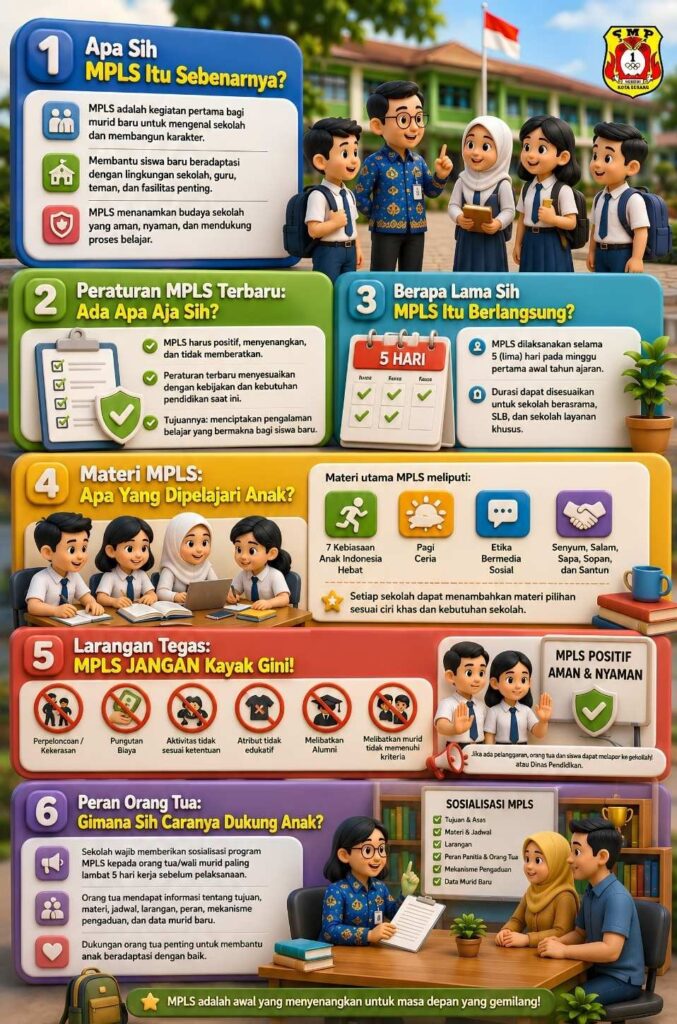 Infografis MPLS SMP Negeri 1 Kota Serang tahun 2026 dengan ilustrasi kartun guru, siswa, dan orang tua di lingkungan sekolah, dilengkapi logo resmi sekolah
