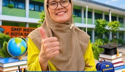 Poster MPLS 2026 SMP Negeri 1 Kota Serang menampilkan Hajah Mumu berhijab coklat tersenyum dan memberi gestur thumbs-up, dengan latar gedung sekolah serta ikon globe, buku, tas, dan perlengkapan belajar
